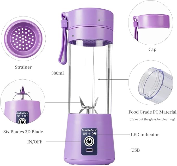 Portable Blender Cup,Electric USB Juicer Blender,Mini Blender Portable Blender For Shakes and Smoothies, juice,380ml, Six Blades Great for Mixing,light purple