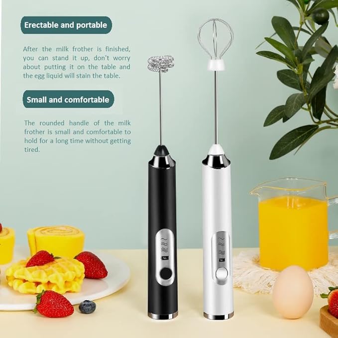 Rechargeable Milk Frother, 3-Speed Electric Handheld Frother with 2 Whisks and Coffee Decoration Tool, Stand-up Design, for Cream, Latte, Cappuccino (Black)