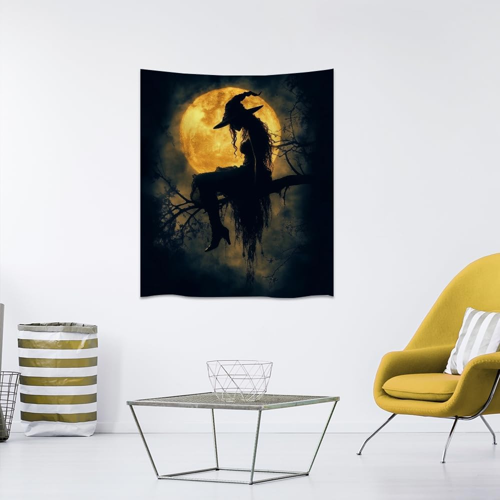 Halloween Witch Tapestry Wall Art Witchcore Moon Aesthetic Print Dark Academia Gothic Tapestries Wall Hanging Horror Ghost Halloween Party Decor for Home Living Room Bedroom 60x80inch