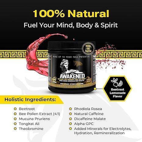 Awakened Natural Pre Workout Powder 12-in-1 | Conscious Energizer | Bee Pollen + N.O. Booster | Mucuna Pruriens, Tongkat Ali, Rhodiola, Alpha GPC & Trace Minerals | 40SV