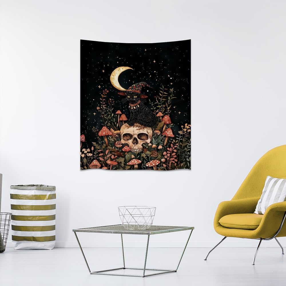 Halloween Witch Cat Tapestry Gothic Skull and Mushroom Artwork Print Spooky Halloween Witchy Wall Hanging Decor Black Cat Crescent Moon art Tapestries for Living Room Bedroom Decoration 70x90inch