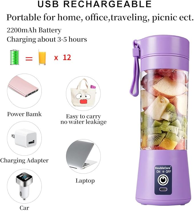 Portable Blender Cup,Electric USB Juicer Blender,Mini Blender Portable Blender For Shakes and Smoothies, juice,380ml, Six Blades Great for Mixing,light purple