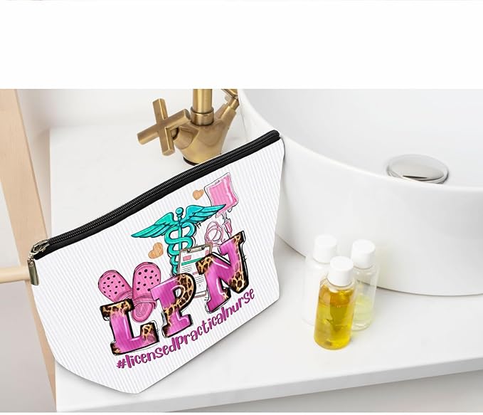 Ayxvt LPN Licensed Practical Nurse Corduroy Cosmetic Bag,Retro Gorgeous Pink Leopard Clipart Decorative Makeup Bag Zipper Pouch Toiletry,Nurse's Day Nurse Graduation Gifts for Women Girls(Corduroy)