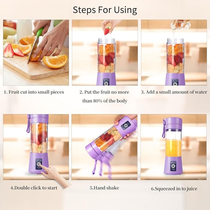 Portable Blender Cup,Electric USB Juicer Blender,Mini Blender Portable Blender For Shakes and Smoothies, juice,380ml, Six Blades Great for Mixing,light purple