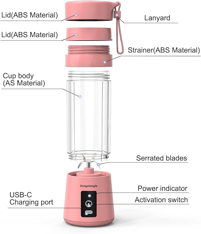 Portable Blender, Mini Personal Blender Bottles for shakes and smoothies,with USB Rechargeable Cordless On The Go Mixer Electric Blender Cup for Fruit Juice Protein mixes (Pink)