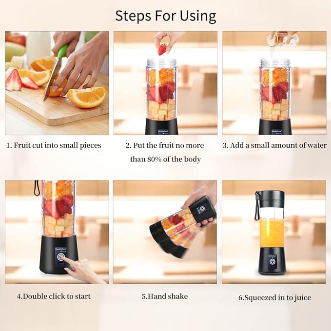 Portable Blender Cup,Electric USB Mini Juicer Blender For Shakes and Smoothies, Juice,380ml, Six Blades Great for Mixing,Black