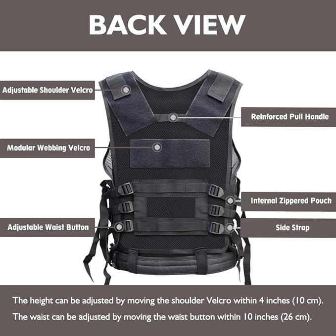 Airsoft Vest Adult Adjustable S-XXXXL, Tactical Vest for Men Lightweight Breathable 600D Nylon, Youth Combat vest for Paintball Training Black