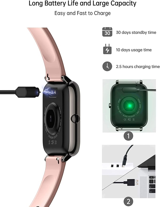 Popglory Smart Watch, Smartwatch with Blood Pressure, Blood Oxygen Monitor, Fitness Tracker with Heart Rate Monitor, Full Touch Fitness Watch for Android & iOS for Men Women (Pink)