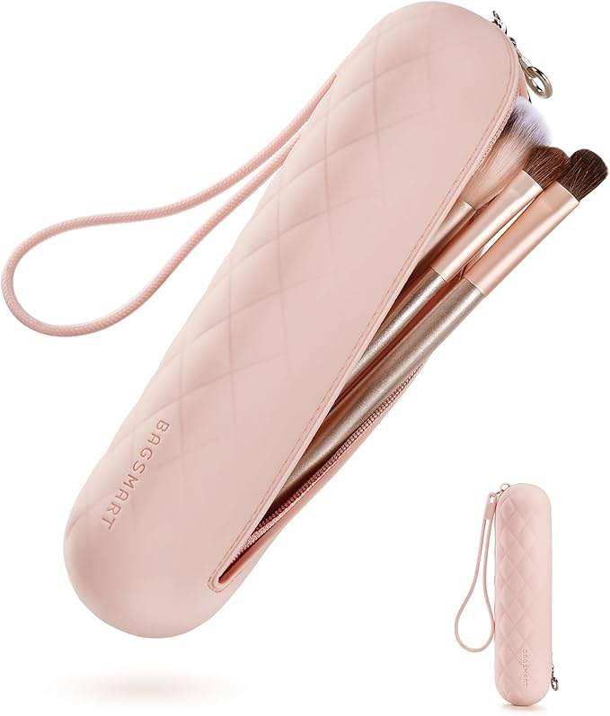 BAGSMART Makeup Brush Holder Bag, Travel Small Makeup Bag for Purse, Make Up Brush Bag Case Cosmetic Bag, Silicone Soft Portable Face Brushes Travel Essentials Organizer Holder, Pink