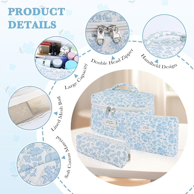 3Pcs Cotton Quilted Makeup Bag Set,Large Floral Cosmetic Bag,Aesthetic Toiletry Travel Makeup Bag Set and Cute Flower Bag for Women Girls (Blue White Flower)