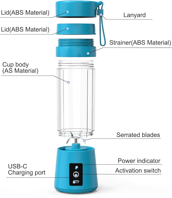 Portable Blender for shakes and smoothies, Cordless Personal Mini 13oz compact Blender Bottle, Travel Electric Juicer Cup, USB Rechargeable Mixer for Fruit Juice Protein mixes (Sky blue)