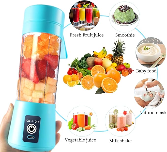 Portable Electric USB Juicer Blender Cup - Mini Blender for Shakes, Smoothies & Juice - 380ml, Six Blades - Blue