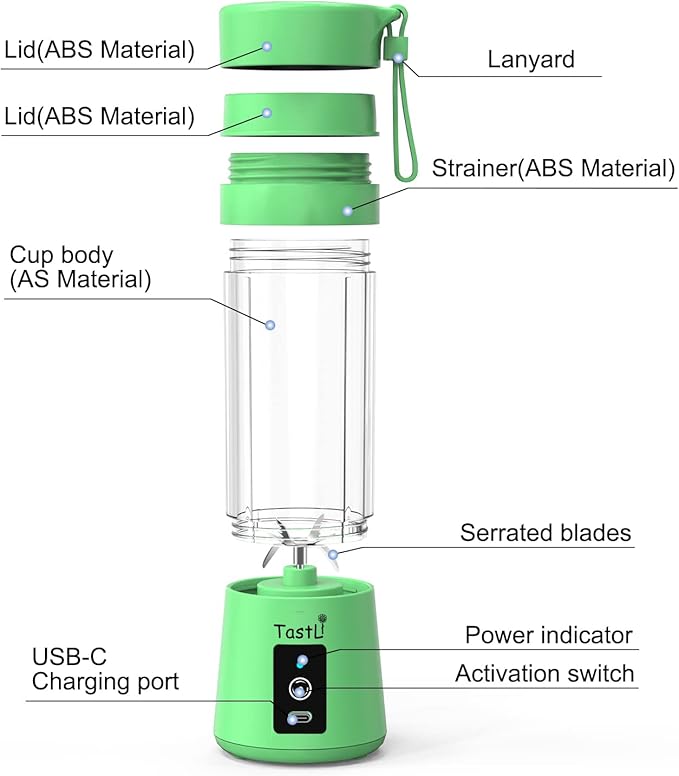 Portable Blender, Personal Juice Protein To Go Mixer Bottle, USB Rechargeable Mini Blender for shakes and smoothies (Green)