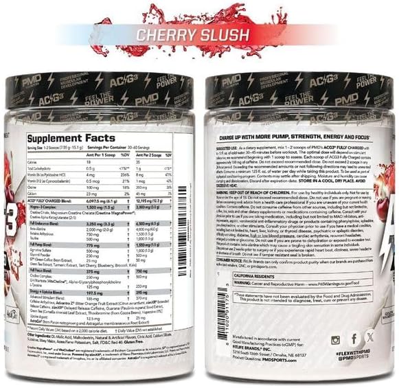 PMD Sports ACG3 Fully Charged - Electrifying Pre Workout Powder - High Energy & Pump Pre Workout for Men and Women to Maximize Focus, Endurance & Performance - Cherry Slush (30-60 Servings)