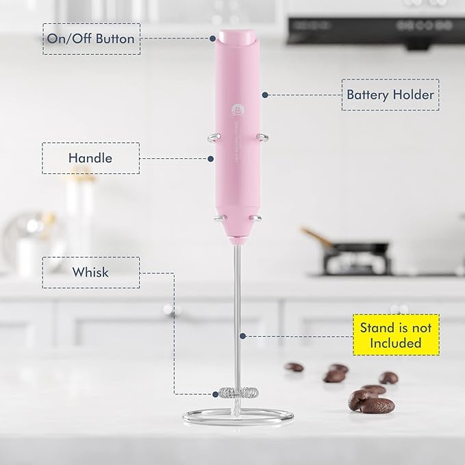Powerful Milk Frother Handheld Foam Maker, Mini Whisk Drink Mixer for Coffee, Cappuccino, Latte, Matcha, Hot Chocolate, No Stand, Pink