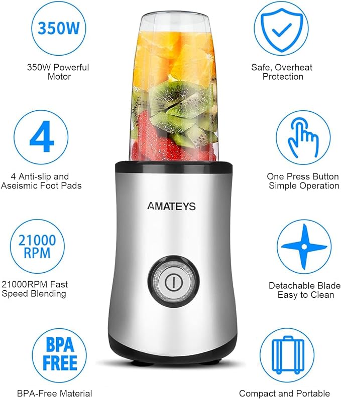 Personal Blender with Button, 350W Professional Kitchen Blender for Smoothies and Shakes, Portable, Easy Cleaning & Operation, Suitable for Carrying or Storage