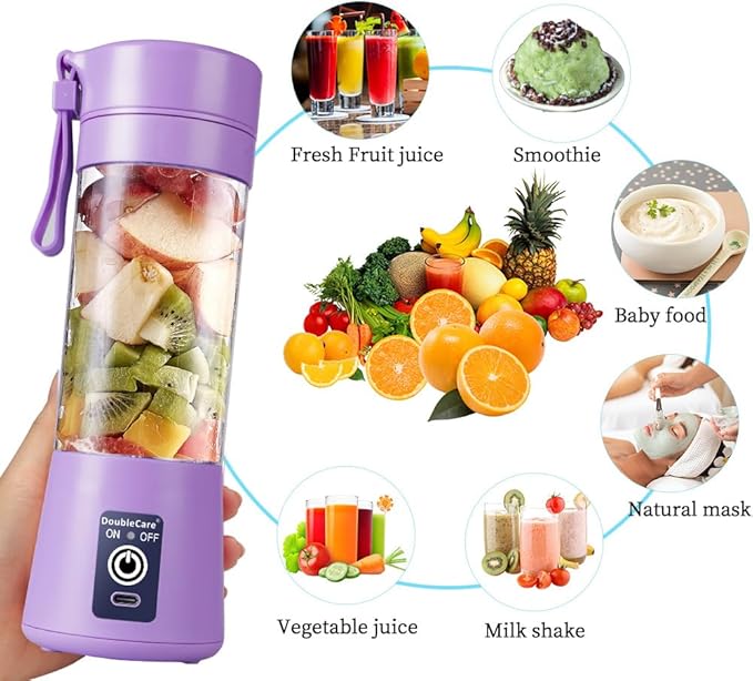 Portable Blender Cup,Electric USB Juicer Blender,Mini Blender Portable Blender For Shakes and Smoothies, juice,380ml, Six Blades Great for Mixing,light purple