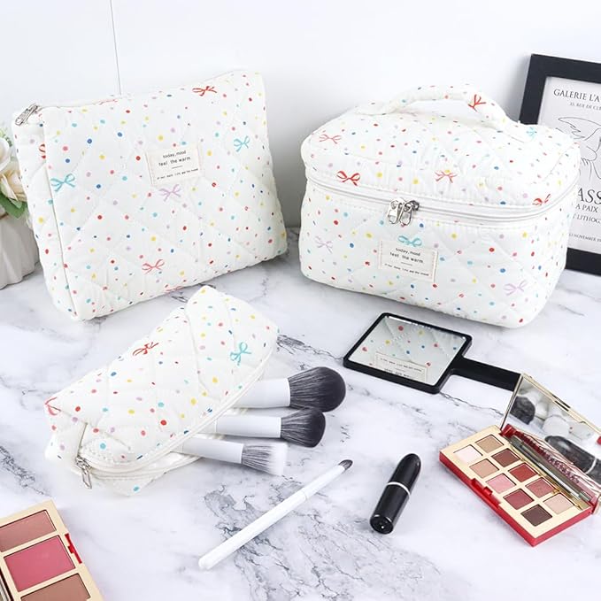 3Pcs Cotton Quilted Makeup Bag Set,Large Floral Cosmetic Bag,Aesthetic Toiletry Travel Makeup Bag Set and Cute Flower Bag for Women Girls (Apricot Colored Dot)