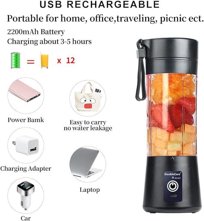 Portable Blender Cup,Electric USB Mini Juicer Blender For Shakes and Smoothies, Juice,380ml, Six Blades Great for Mixing,Black