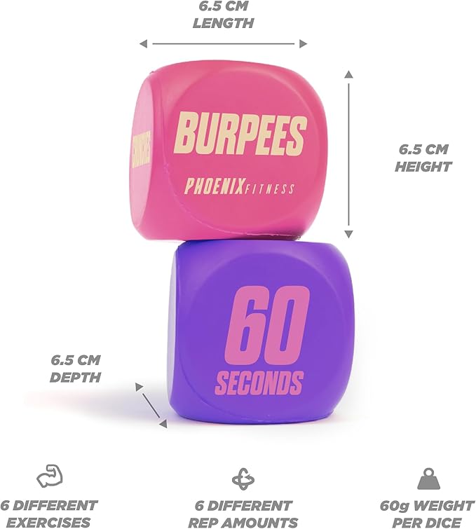 Phoenix Fitness Exercise Dice - Workout Dice Game for Cardio, HIIT Training and Exercise Classes - Training Includes Push Ups, Squats, Jumping Jacks, Crunches & Wildcard - Home and Gym