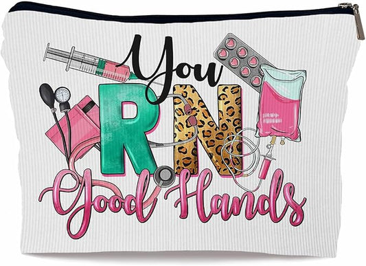 Ayxvt You RN Good Hands Registered Nurse Nursing Corduroy Cosmetic Bag Decorative Women's Makeup Bag Zipper Pouch Travel Toiletry,Registered Nurse RN Appreciation Gifts for Women(Corduroy)
