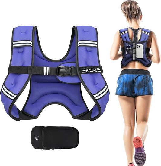 BAGAIL Weighted Vest, 5lbs/10lbs/12lbs/15lbs/20lbs/25lbs/30lbs Weight Vest with Detachable Phone Pouch, Rucking Vest for Women, Men, Walking, Weight Loss, Training, Running
