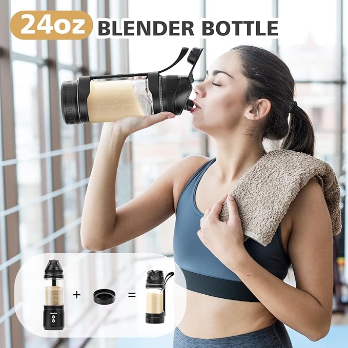 Portable Personal Blender for Smoothies, Protein Shakes, Frozen Drinks - 24Oz Blender Cup Bottle with Sip Spout, Travel Lid, USB-C Rechargeable, Cordless - Mini Small Blenders for Kitchen, Gym, Office