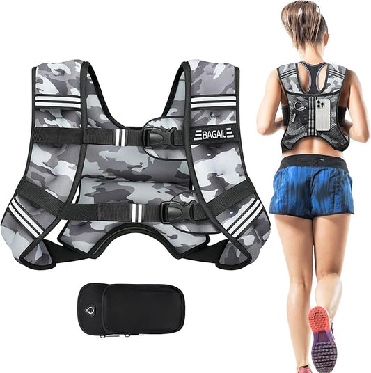BAGAIL Weighted Vest, 5lbs/10lbs/12lbs/15lbs/20lbs/25lbs/30lbs Weight Vest with Detachable Phone Pouch, Rucking Vest for Women, Men, Walking, Weight Loss, Training, Running