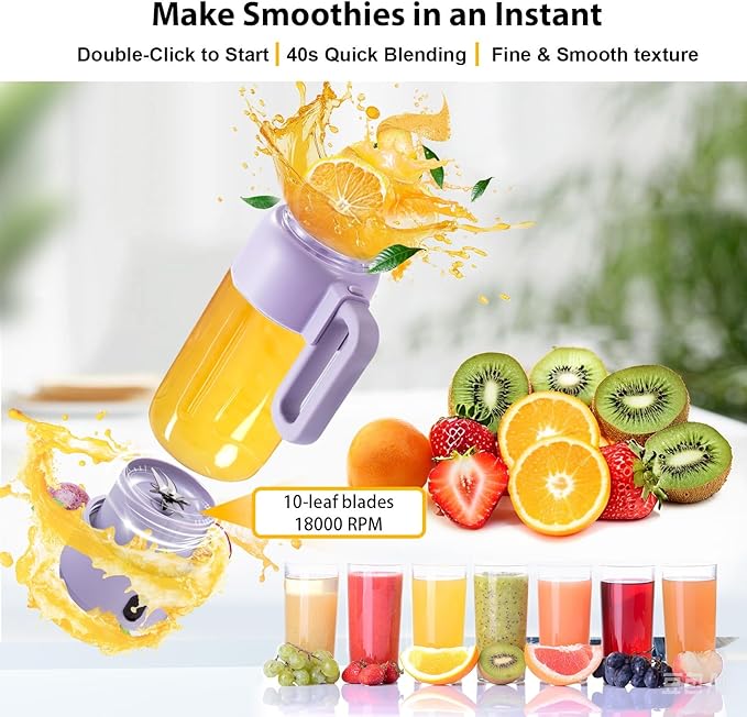Portable Blender for Smoothies, 34oz Personal Size Mini Small Protein Shake Smoothie Blender, Cordless & BPA Free with Leakproof Lanyard Sip Lid (Purple)