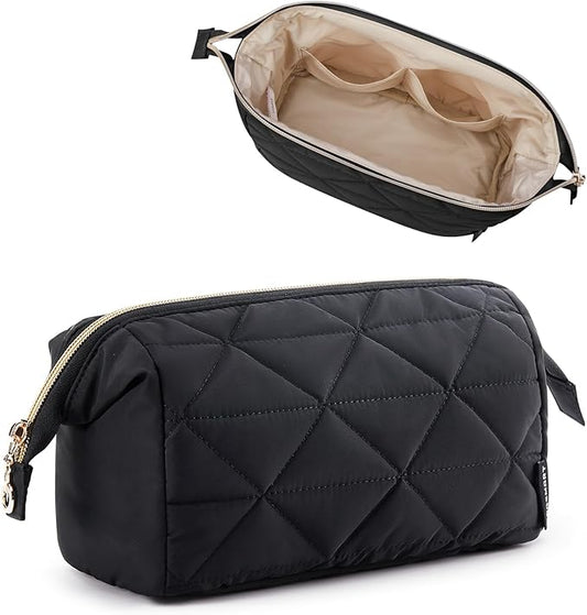 BAGSMART Makeup Bag Travel Makeup Bag, Cute Puffy Make Up Bag, Wide-open Cosmetic Bags for Women, Small Makeup Pouch for Travel Essentials Toiletries Accessories (Black)