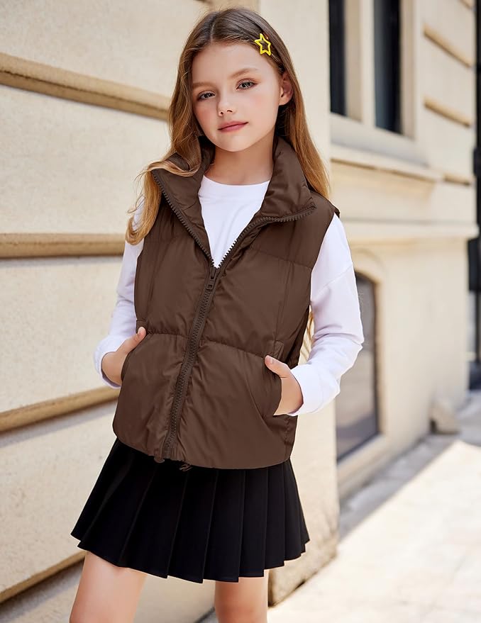 Arshiner Girls Winter Zipper Puffer Vest Lightweight Sleeveless Outwear Puffy Vests for 5-12 Years Old