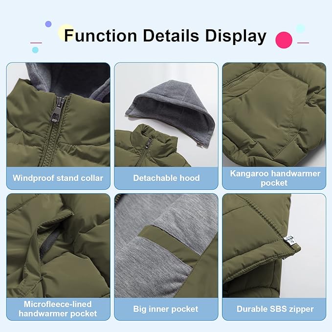 Pursky Girl's and Boy's Warm Puffer Vest Coat Water Resistant Sleeveless Jacket With Detachable Hood for 6-14Y