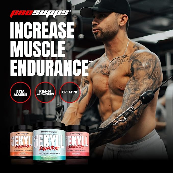 PROSUPPS Dr. Jekyll Signature Pre Workout Powder with Creatine - Stim-Free Preworkout Supports Muscle Volume & Endurance - Caffeine-Free Gym & Fitness Supplements (Strawberry, 30 Servings)