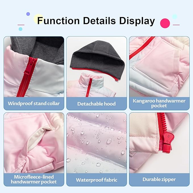 Pursky Girl's and Boy's Warm Puffer Vest Coat Water Resistant Sleeveless Jacket With Detachable Hood for 6-14Y