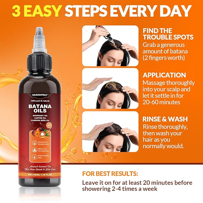 Batana Oil for Hair Growth Dr Sebi - 4-in-1 100% Pure & UnrefinedHonduran Oil with Rosemary, Castor,Nourishes, Enhances Hair Thickness, Prevents Loss, Eliminates Split Endsfor All Hair Types (100ML)