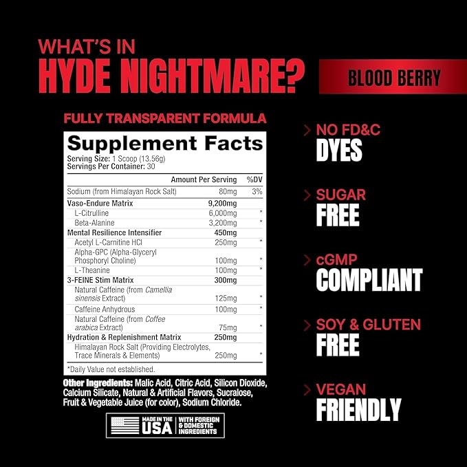 PROSUPPS Mr. Hyde Nightmare Pre Workout Powder with Caffeine & Beta Alanine - Preworkout for Intense Energy, Mental Focus & Performance - Gym & Fitness Supplements (Blood Berry, 30 Servings)