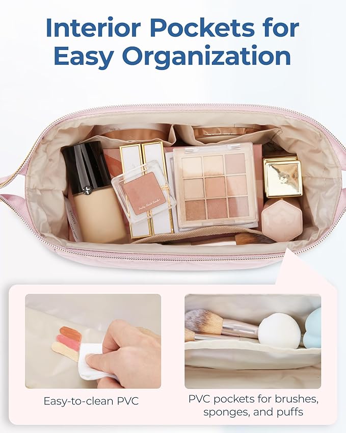 BAGSMART Makeup Bag Travel Cosmetic Bag, Puffy Padded Make Up Bags for Women Makeup Organizer Case, Wide-open Pouch Purse Travel Essentials Toiletries Accessories Brushes, (Beige)