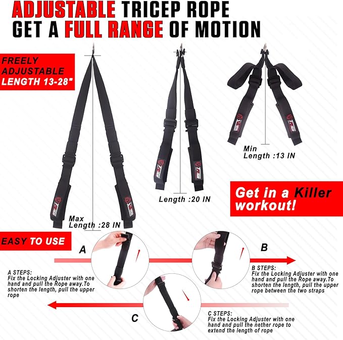 Tricep Rope Cable Attachment Adjustable (26-56 Inches) 27/36/48/55 Inches