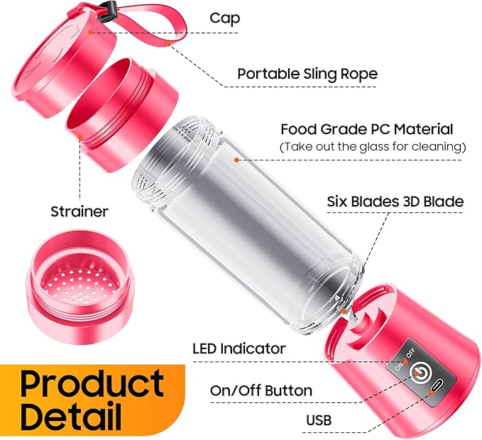 Personal Blender for Shakes and Smoothies - 2025 Upgraded 14 Oz Portable Blender with 6 Blades, Cordless & Type-C USB Rechargeable, BAP Free Juice Cup Freshly Squeezed for Picnic/Sprots