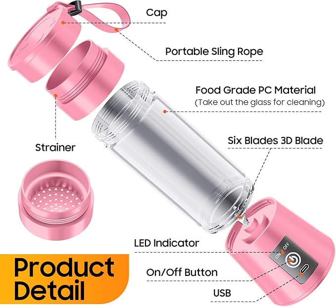Personal Blender for Shakes and Smoothies - 2025 Upgraded 14 Oz Portable Blender with 6 Blades, Cordless & Type-C USB Rechargeable, BAP Free Juice Cup Freshly Squeezed for Picnic/Sprots