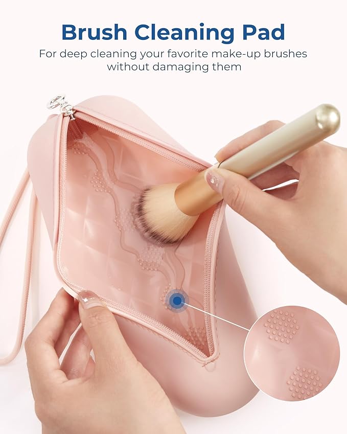 BAGSMART Travel Makeup Brush Holder Bag with Metal Zipper Closure, Travel Makeup Brush Case Cosmetic Bag, Silicone Soft Portable Face Brushes Travel Essentials Organizer Holder, Light Khaki