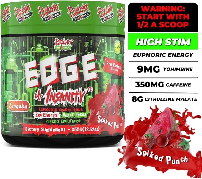 Psycho Pharma Strongest High Stim Preworkout Powder - Edge of Insanity - Most Intense Pre Workout Supplement for Pumps, Strength, Energy and Feel Good Focus. Rivals Famous PWOs of The Past