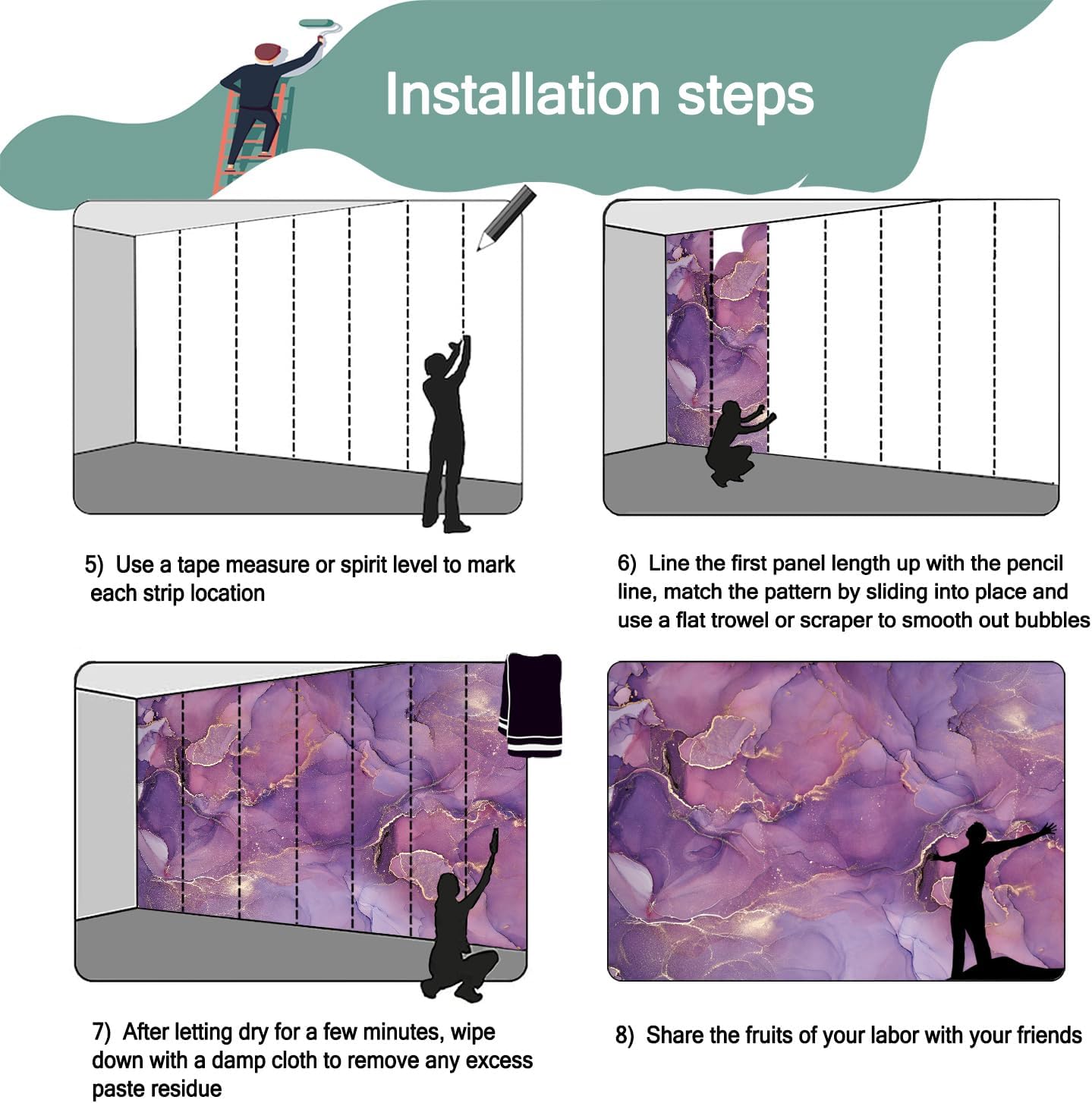 -Purple Marble Fabric Wallpaper Abstract Texture Mural Bedroom 100" x 65" (Not Peel and Stick)