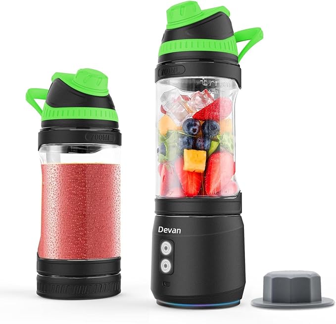 Portable Blender for Smoothies and Shakes, Anti-Jamming, 24oz USB-C Rechargeable, BPA-Free, Electric Protein Shaker Bottle with Travel Lid for Kitchen, Gym & Office.(Black Base Green Lid)