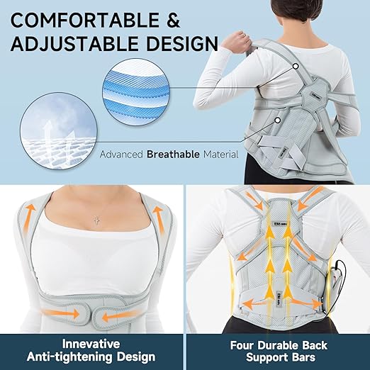 Back Brace Posture Corrector for Women and Men with Heating Pad, Adjustable Full Back Support Brace, Back Heating Pad for Pain Relief - Scoliosis, Spine Corrector (Gray, Medium)