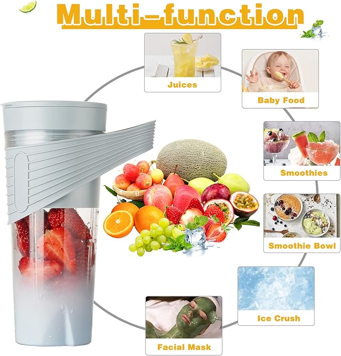 Portable blender for shakes and smoothies,Personal blender, 18000r/m, 16 oz Traveling Fruit Veggie Juicer Cup With 7 Blades, Portable Blender USB Rechargeable(grey)