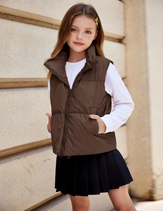 Arshiner Girls Winter Zipper Puffer Vest Lightweight Sleeveless Outwear Puffy Vests for 5-12 Years Old