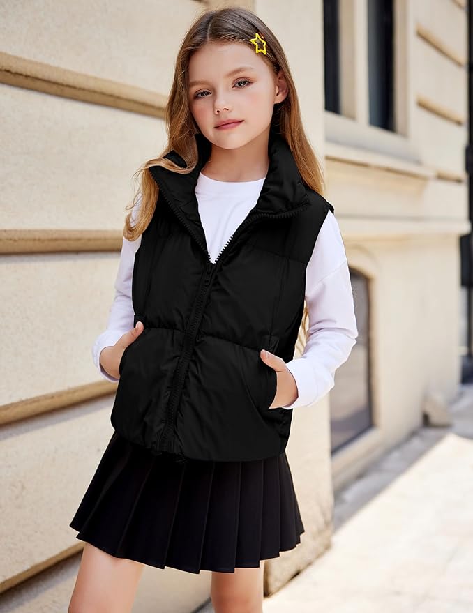 Arshiner Girls Winter Zipper Puffer Vest Lightweight Sleeveless Outwear Puffy Vests for 5-12 Years Old