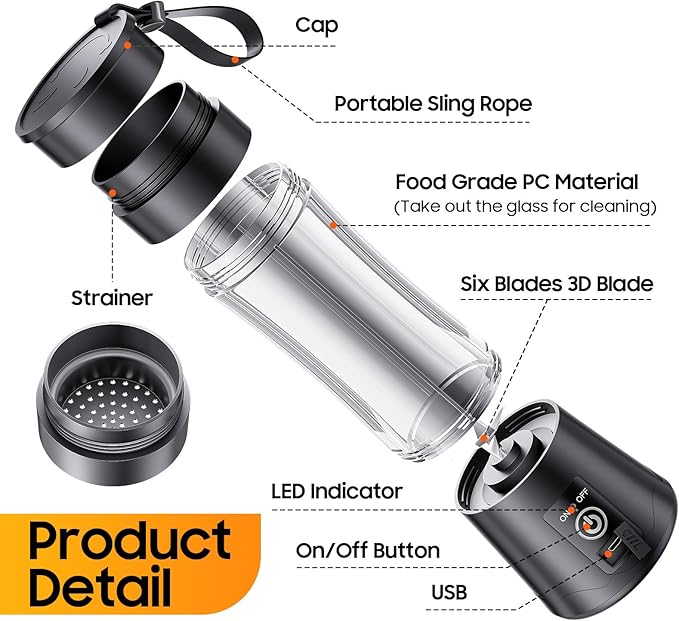 Portable Blender for Smoothies & Shakes - Personal Blender with 12Oz Traveling Cup, BAP Free, 6 Stainless Steel Blades, Freshly Squeezed for Office/Picnic/Sports