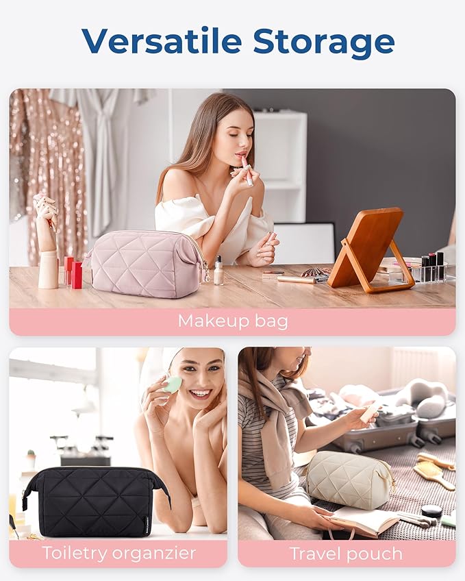 BAGSMART Makeup Bag Travel Cosmetic Bag, Puffy Padded Make Up Bags for Women Makeup Organizer Case, Wide-open Pouch Purse Travel Essentials Toiletries Accessories Brushes, (Dark Pink)
